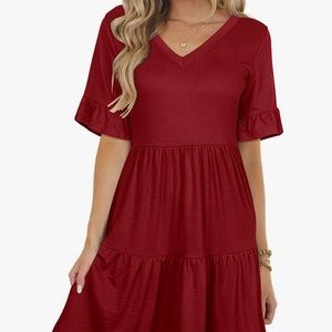 Women Short Sleeve Ruffle T-Shirt V Neck Casual Flowy Dresses with Pockets LARGE